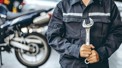 A dynamic shot of the mechanic adjusting a wrench, his focus unwavering as he works diligently to ensure every component is in perfect condition.