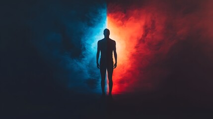 Obraz premium A Solitary Silhouette Against a Dramatic Background Featuring Blue and Red Smoke Emphasizing the Contrast Between Light and Dark Elements of Life