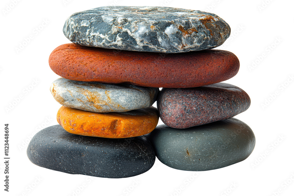 Poster A stack of smooth, colorful stones, showcasing natural textures and variations in color, isolated on a white background.