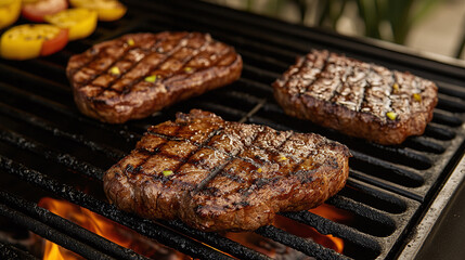 Barbecue bbq barbeque steak, meat grilled over hot fire for party picnic, food on grill cooking to perfection, beef meal prepared by skilled cook.