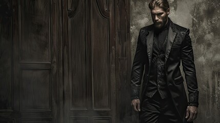 The model exudes confidence as he struts down the runway in a sleek black suit.