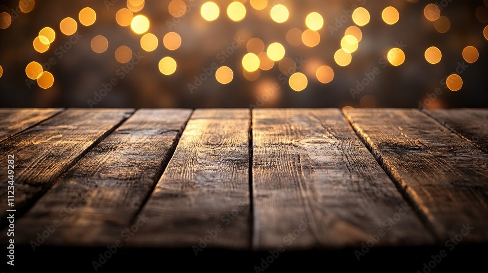 Poster a rustic wooden table with a blurred, warm bokeh background, creating a cozy and inviting atmosphere