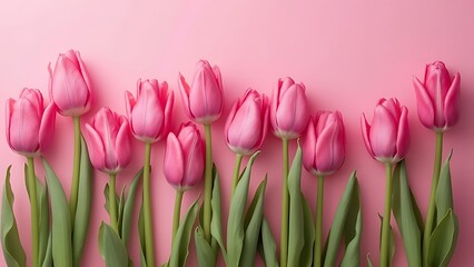 Fototapeta premium Exquisite pink tulips on matching pink backdrop, celebration of springtime beauty and elegance, image 