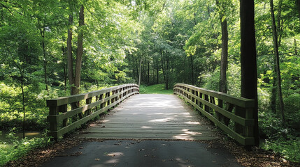 Bridge spans forest, tree lined path through nature landscape, green canopy invites travel into woods, adventure awaits on this scenic way, tourism thrives.