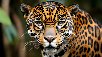 Obraz premium A jaguar staring intensely from the dense underbrush of a tropical rainforest.