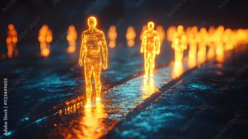 Poster Glowing Figures Walking on a Pathway in an Enigmatic Environment with Ethereal Light Effects and Reflections on a Wet Surface