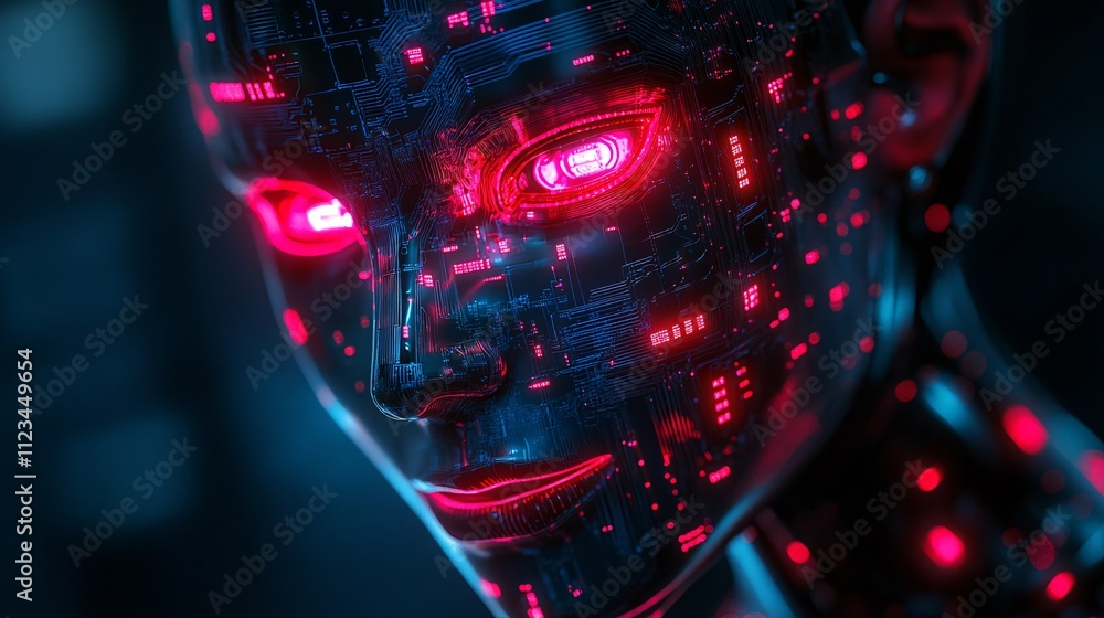 Poster a futuristic, robotic face illuminated with red lights, featuring intricate circuit patterns, embody