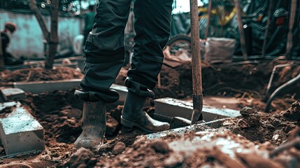 The worker stands amidst a pile of freshly turned soil, shovel in hand, ready to continue their labor with enthusiasm and a strong work ethic.