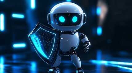 Fototapeta premium A small, futuristic robot with glowing blue eyes holds a shield, set against a backdrop of glowing blue lights.