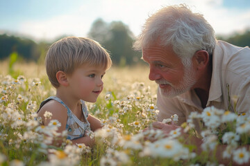 Grandfather shares a special moment with grandson in flowers