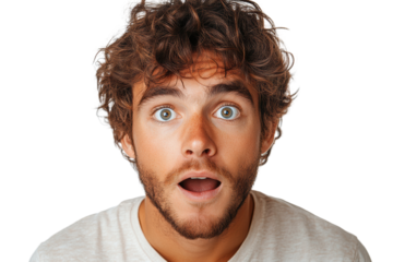 A surprised young man with tousled hair and wide eyes, expressing shock and amazement against a transparent background.