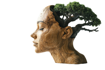 A surreal representation of a woman's profile with a tree growing from her head, symbolizing the connection between nature and humanity.