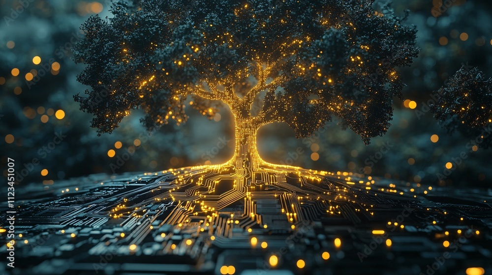 Aufkleber a luminous tree integrates with a circuit board, symbolizing the fusion of nature and technology in 