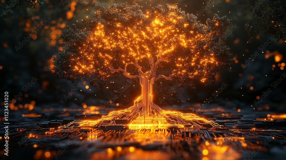 Aufkleber a glowing tree with intricate circuitry, symbolizing the fusion of nature and technology in a vibran