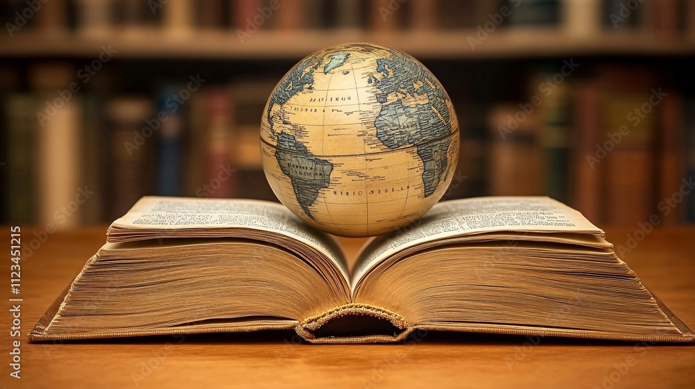 Poster an open book with a globe on top, symbolizing the connection between knowledge and the world.