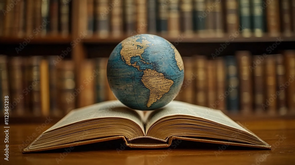 Aufkleber a globe rests on an open book, symbolizing knowledge and global exploration, set against a backdrop 