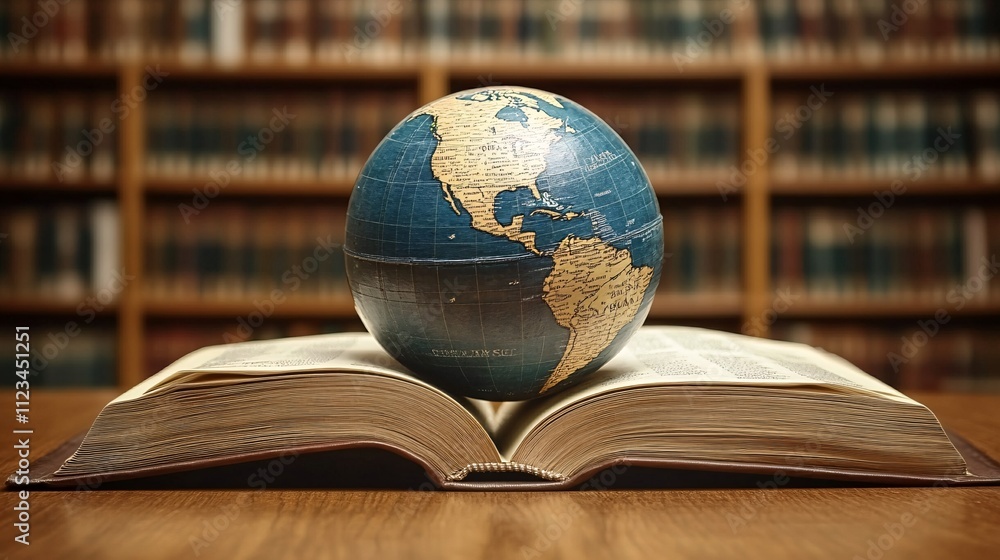 Poster a globe rests on an open book in a library setting, symbolizing knowledge, exploration, and the conn