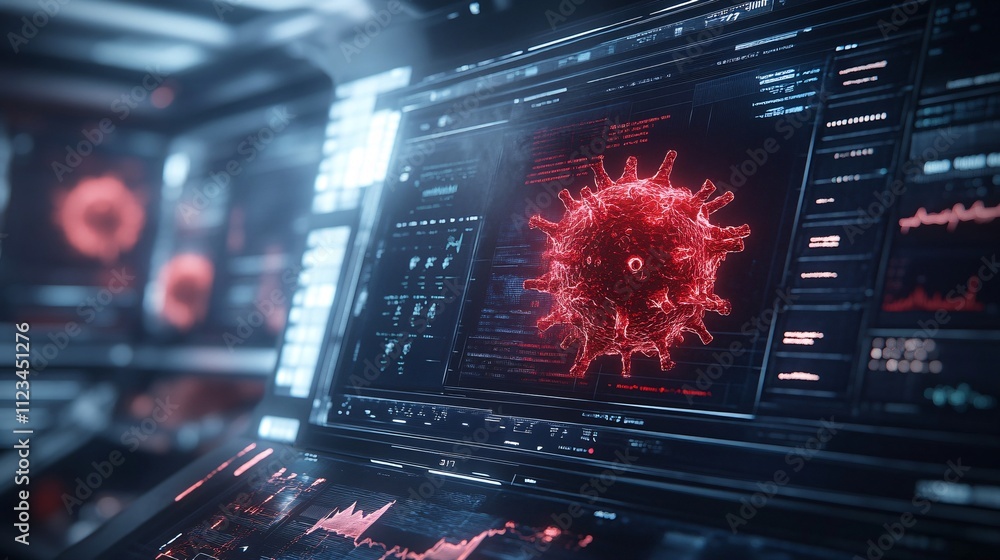 Aufkleber a futuristic digital interface displays a glowing red virus model, representing advanced technology 