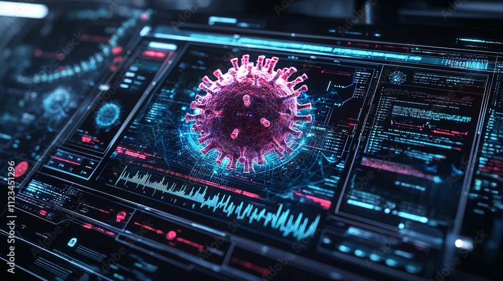 Poster a futuristic digital interface displays a virus model with vibrant colors, showcasing data analytics