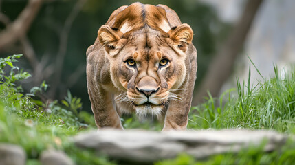 A lioness crouched in hunting stance her fierce eyes meeting the camera.