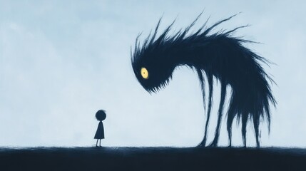 Eerie Confrontation: Small Figure Silhouetted Against Large Shadowy Monster