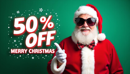 funky Santa on green background 50% off Christmas, Ai generated