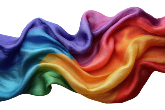 A vibrant, flowing rainbow flag gently waving, symbolizing pride and diversity, against a white isolate background.