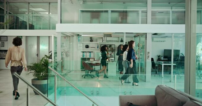 Open, walking and busy business people in office, mezzanine or lobby with creative workplace productivity. Professional synergy, design and women employees in coworking space at digital agency.