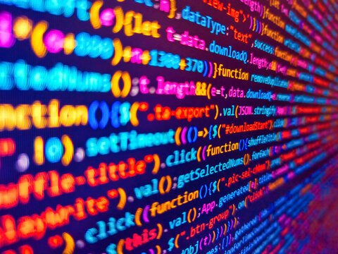 Blurred photo, colorful background, color texture. Blue software developer. Pixelated lines of computer code displayed on a digital screen with blurred focus background. 3d rendering.