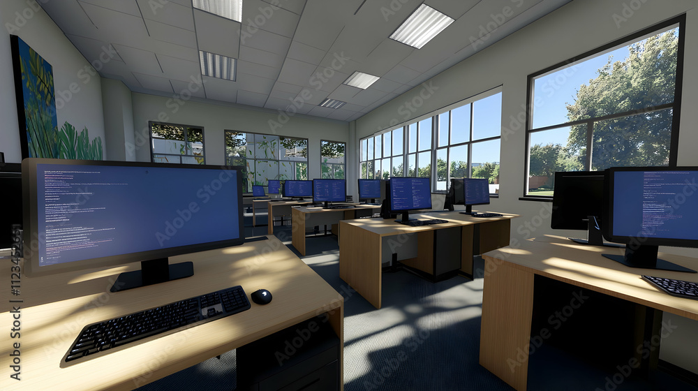Poster modern office workspace with sleek desks and computer setups