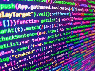 Programming code screen of software developer. Structured sql code on monitor. Software development pattern. Business graph background. Abstract digital background. Computer html code on screen.