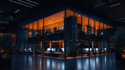 Fototapeta premium IT Specialists Working on Computers Behind Glass Wall in Modern Open Space Office