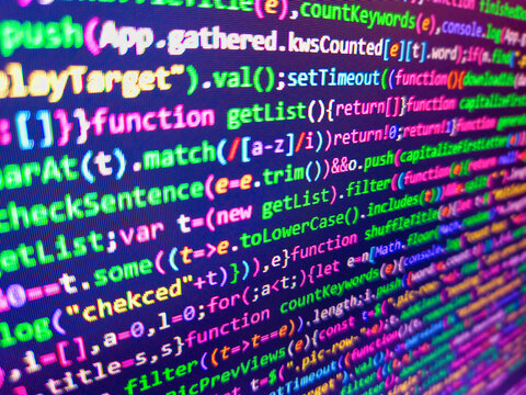 Programming code screen of software developer. Structured sql code on monitor. Software development pattern. Business graph background. Abstract digital background. Computer html code on screen.