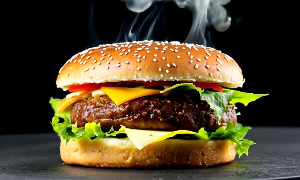 A hamburger rotating on black screen food commercial mockup