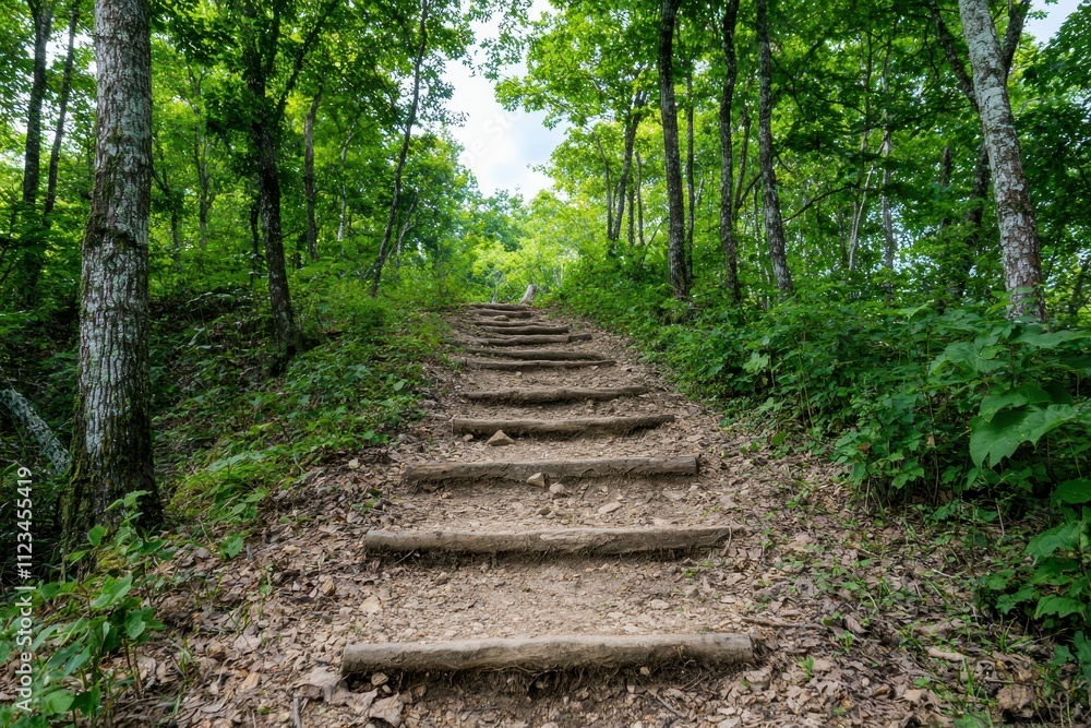 Poster a serene forest path with stone steps leads through lush greenery, inviting exploration and connecti