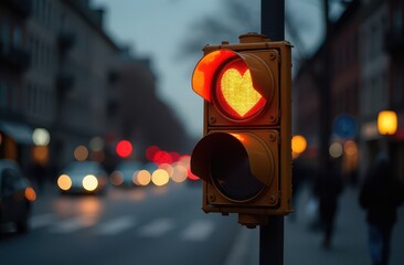 A red traffic light shines in the form of a heart