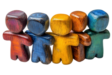 A vibrant display of colorful wooden figurines representing unity and diversity, standing side by side against a white isolated background.
