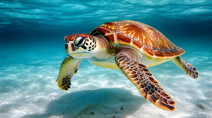 Fototapeta premium A lone sea turtle swimming gracefully in clear blue waters near the African shoreline.