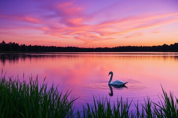 Fototapeta premium Serene Sunset Over Tranquil Lake with a Graceful Swan and Lush Grass
