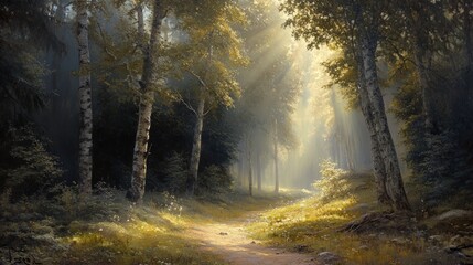 Obraz premium Sunlit Forest Trail, a captivating hiking path meandering through a vibrant, sunlit woodland, where golden beams filter through the lush canopy, beckoning exploration.