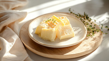 Delicious Soft Cheese Cubes on a Wooden Plate with Fresh Thyme in Sunlight
