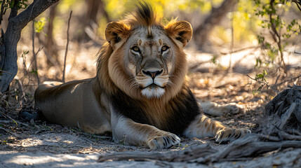 Obraz premium A majestic lion locking eyes with the viewer his golden mane glowing in the sunlight.