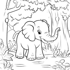 Obraz premium Line art illustration of an elephant in a jungle setting.