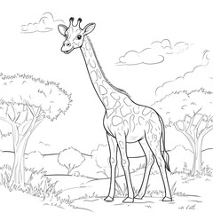Fototapeta premium Giraffe in African savanna line art