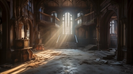 Fototapeta premium Sunlight filtering through tall windows in an abandoned historic building with worn steps and dusty floor