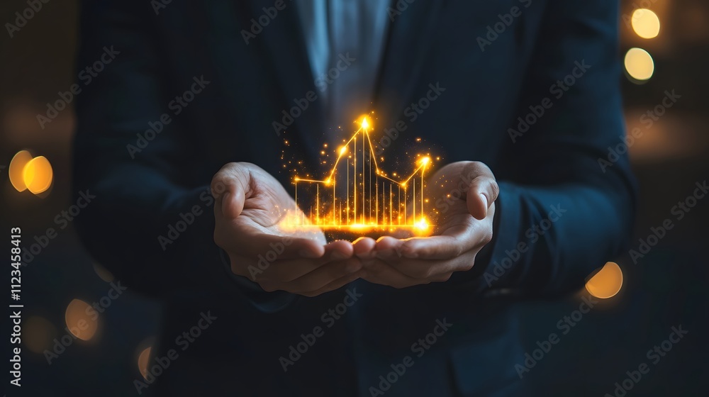 Poster Business Professional Holding Glowing Analytics Chart with Sparkles Representing Data Growth and Financial Success in Elegant Indoor Setting