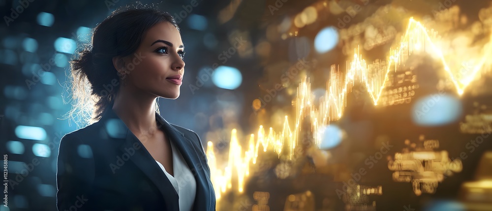 Poster professional woman analyzing data trends. she observes a vibrant financial graph while surrounded by