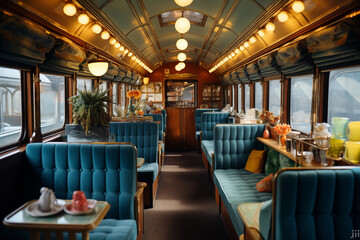 Fototapeta premium Vintage train interior with retro seating