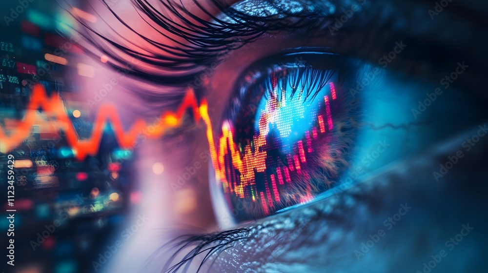 Aufkleber close-up view of an eye reflecting digital stock market trends with colorful graphs and data visuali
