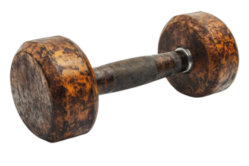 A vintage wooden dumbbell, showcasing wear and character, perfect for fitness enthusiasts and collectors, isolated on a white background.